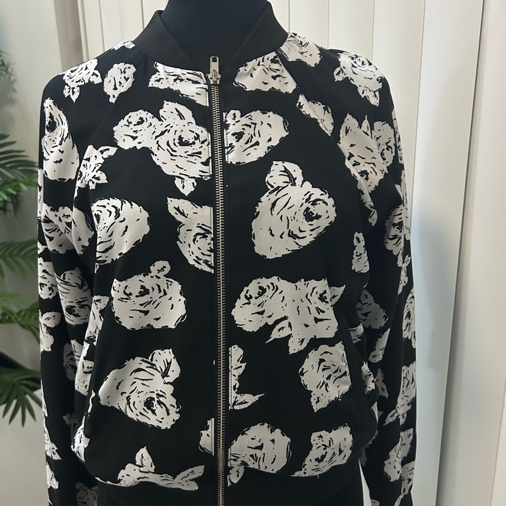 Say What? Black and White Bomber Jacket with Cartoon Bear Print